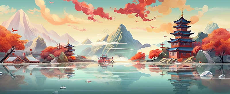 祥云国潮风山水建筑意境插画,插画/手绘图,插画/手绘图库,插画/手绘图下载,插画/手绘